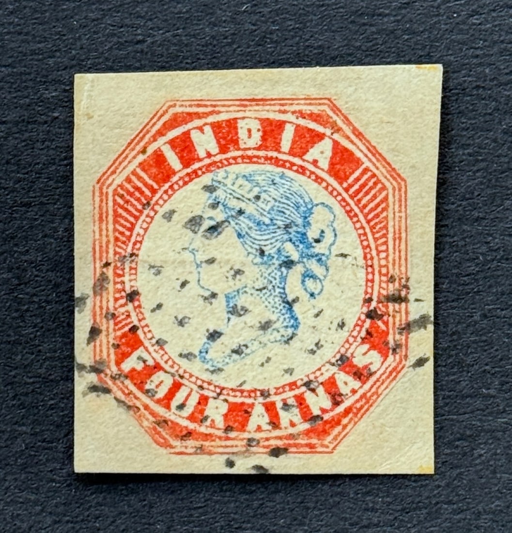 1854 Queen Victoria Red/Blue Imperforated India Stamp (1 of 2)