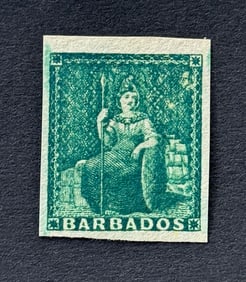 1852-1858 Britannia Green Imperforated Barbados Stamp