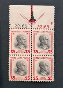 1938 United States Calvin Coolidge $5 Stamp Block of 4