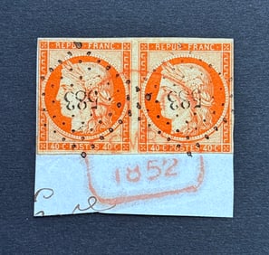 1849-1850 Ceres France Reddish Orange Imperforated Used Stamp Block of 2