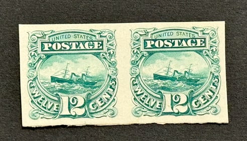1869 United States 12c S.S. Adriatic Green Imperforate Stamp Block of 2