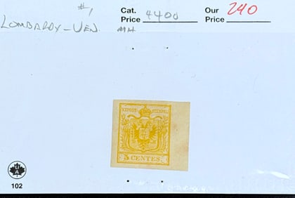 1850 Coat of Arms Lombardy Venetia - Watermarked Emobossed Imperforate Ochre Stamp