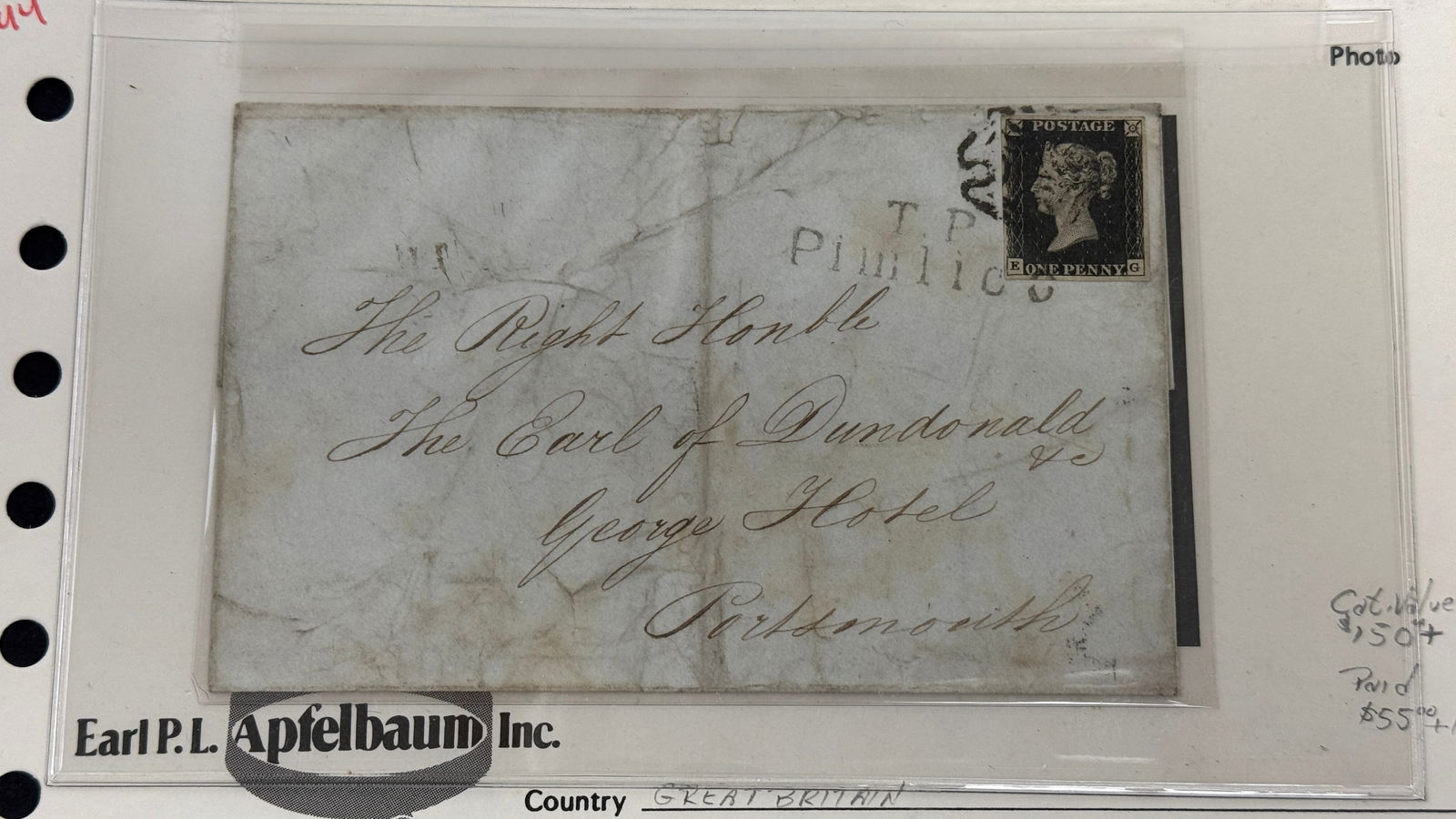 1840 Great Britain Queen Victoria Imperforate Black Used Stamp on Envelope (1 of 4)