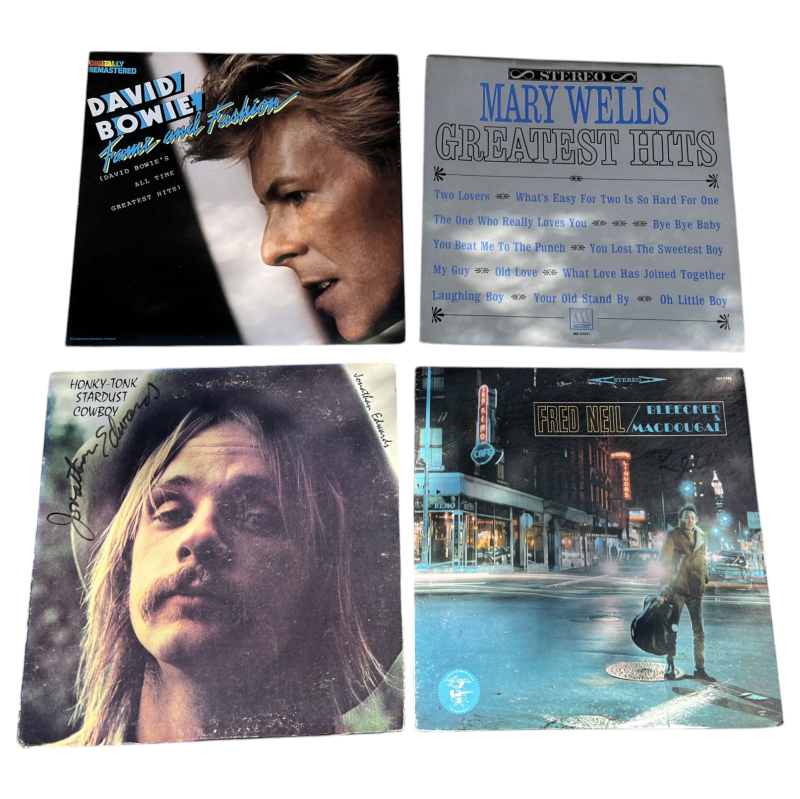 Vintage Vinyl LP Record Collection Lot – Fred Neil, Mary Wells, David Bowie, Honky-Tonk Stardust: This vintage vinyl LP collection features an exciting mix of folk, soul, glam rock, and country, making it a must-have for vinyl collectors and music enthusiasts. Included in this lot is Fred Neil’s