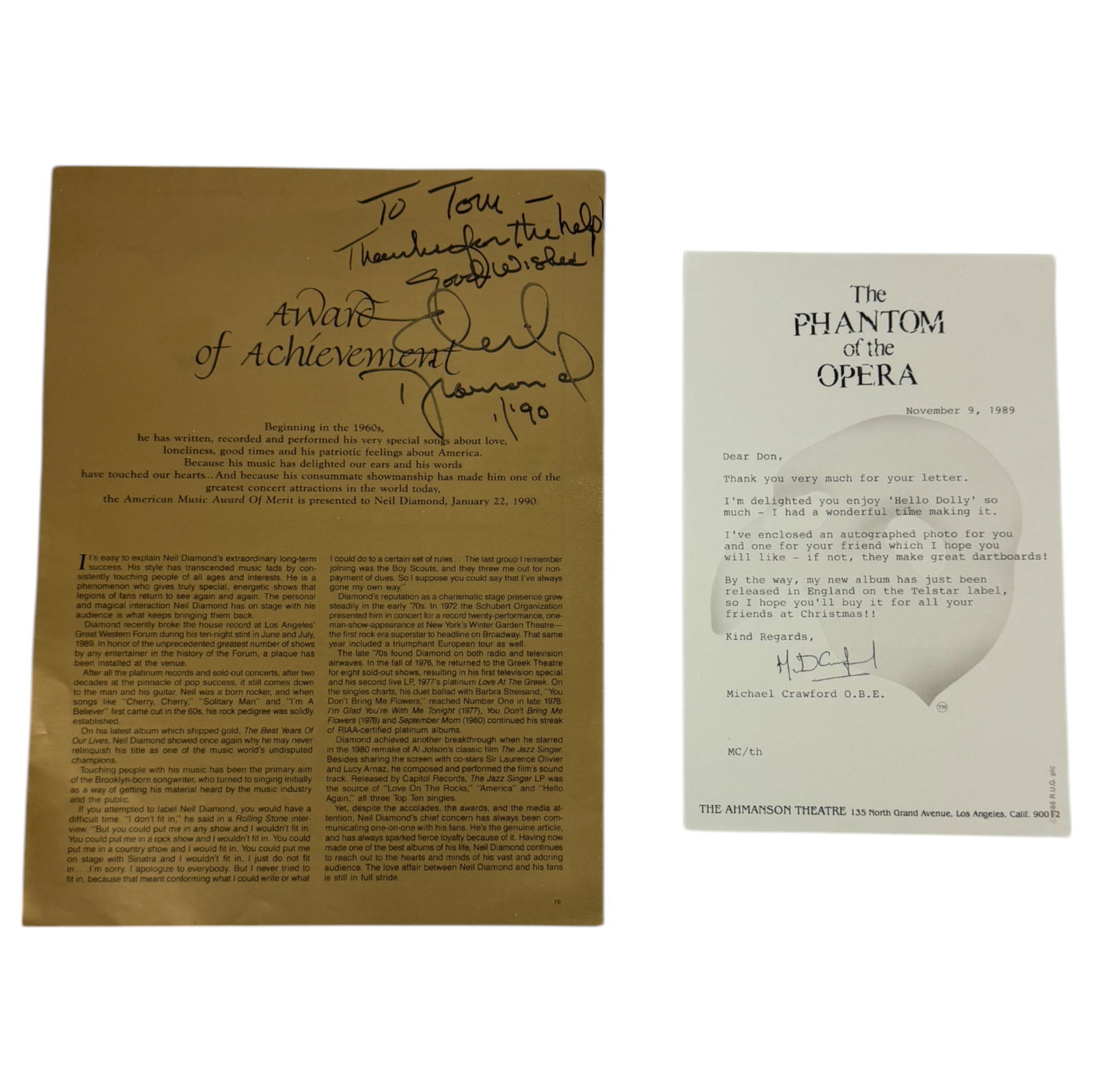 Signed Music & Theater Memorabilia – Neil Diamond Music Award & Phantom of the Opera Letter Signed: This rare and highly collectible memorabilia lot features authentic autographs from two legendary performers, making it a must-have for music and theater enthusiasts, autograph collectors, and memorab