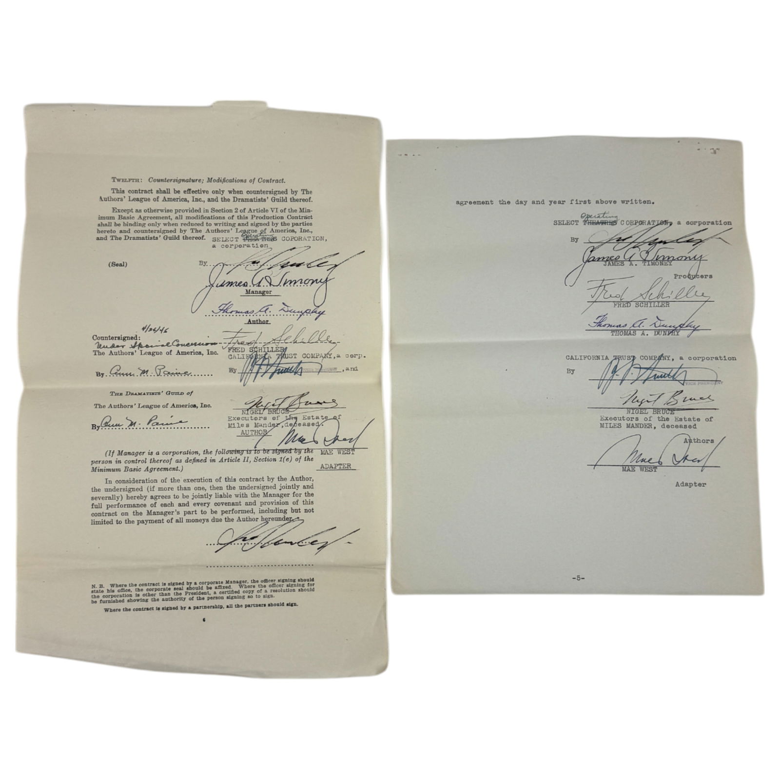 Signed Movie Contract – Mae West, Fred Schiller, Nigel Bruce – Author League of America & (1 of 5)