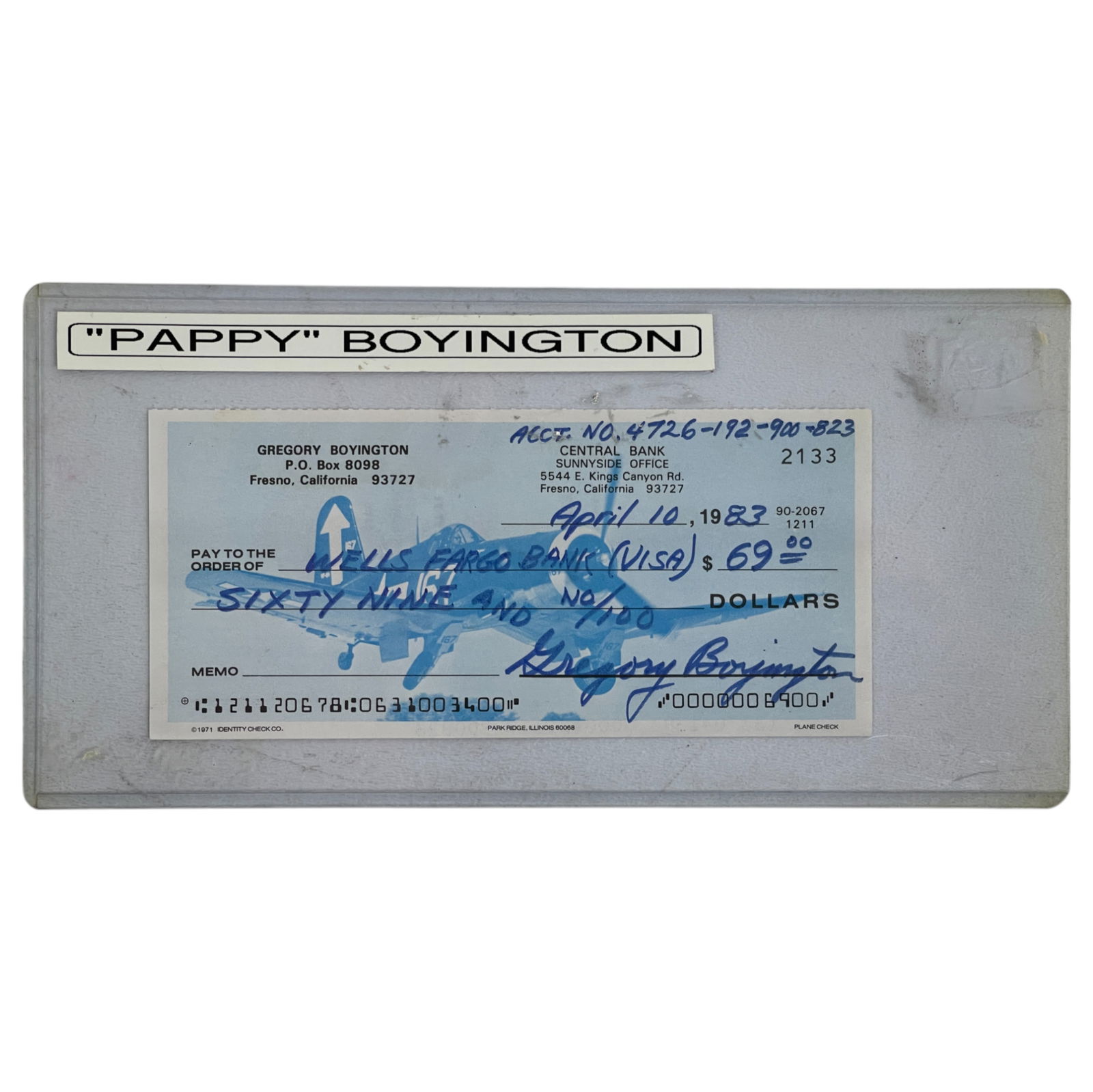 1993 Gregory "Pappy" Boyington Hand-Signed Personal Check WWII Ace Rare Autograph (1 of 3)