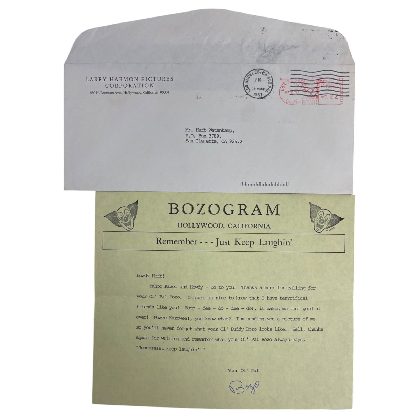 Larry Harmon aka Bozo the Clown Signed Letter: Larry Harmon aka Bozo the Clown Signed Letter
