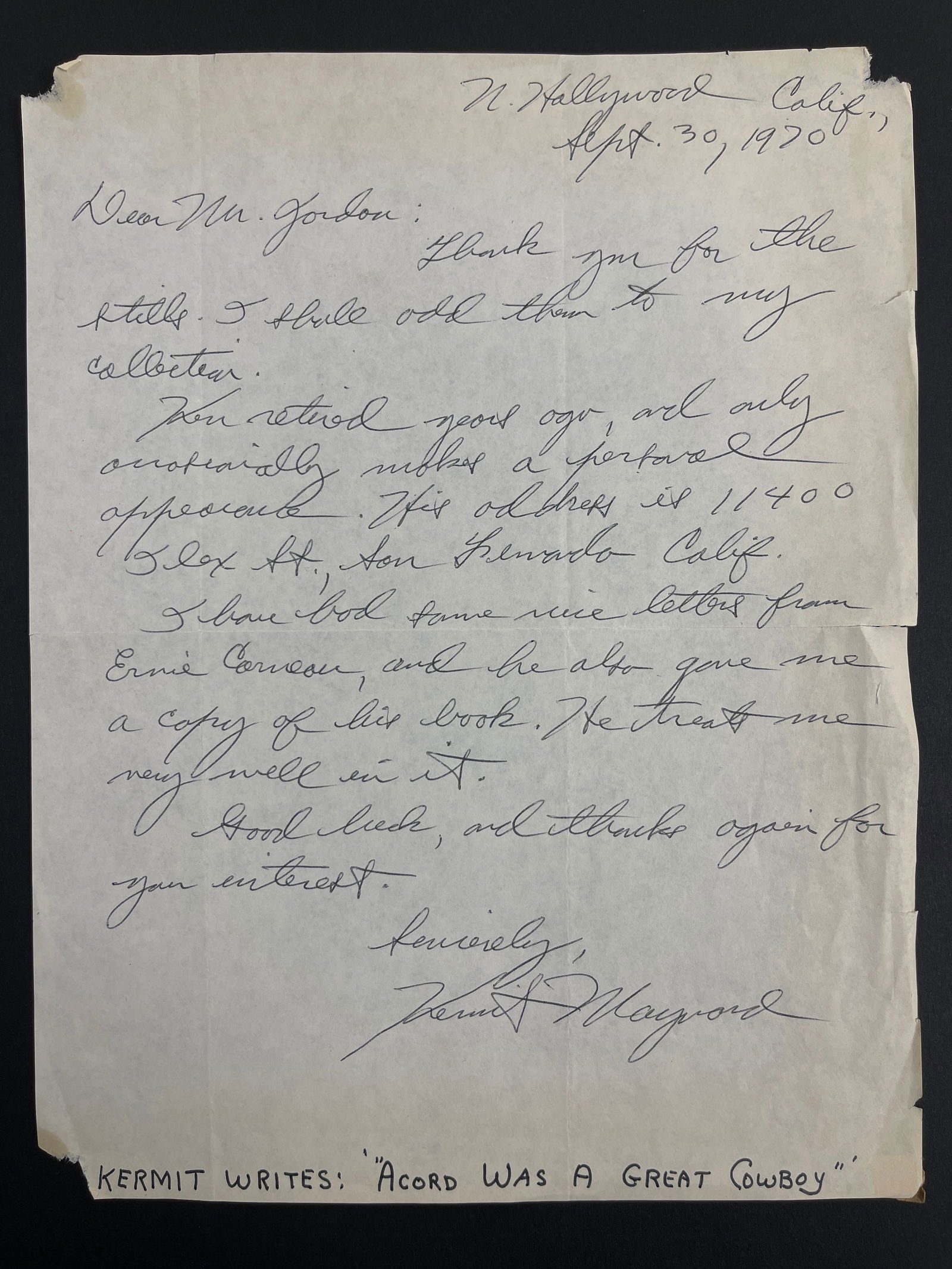 Kermit Maynard - American Actor and Stuntman Hand Written & Signed Letter (1 of 6)
