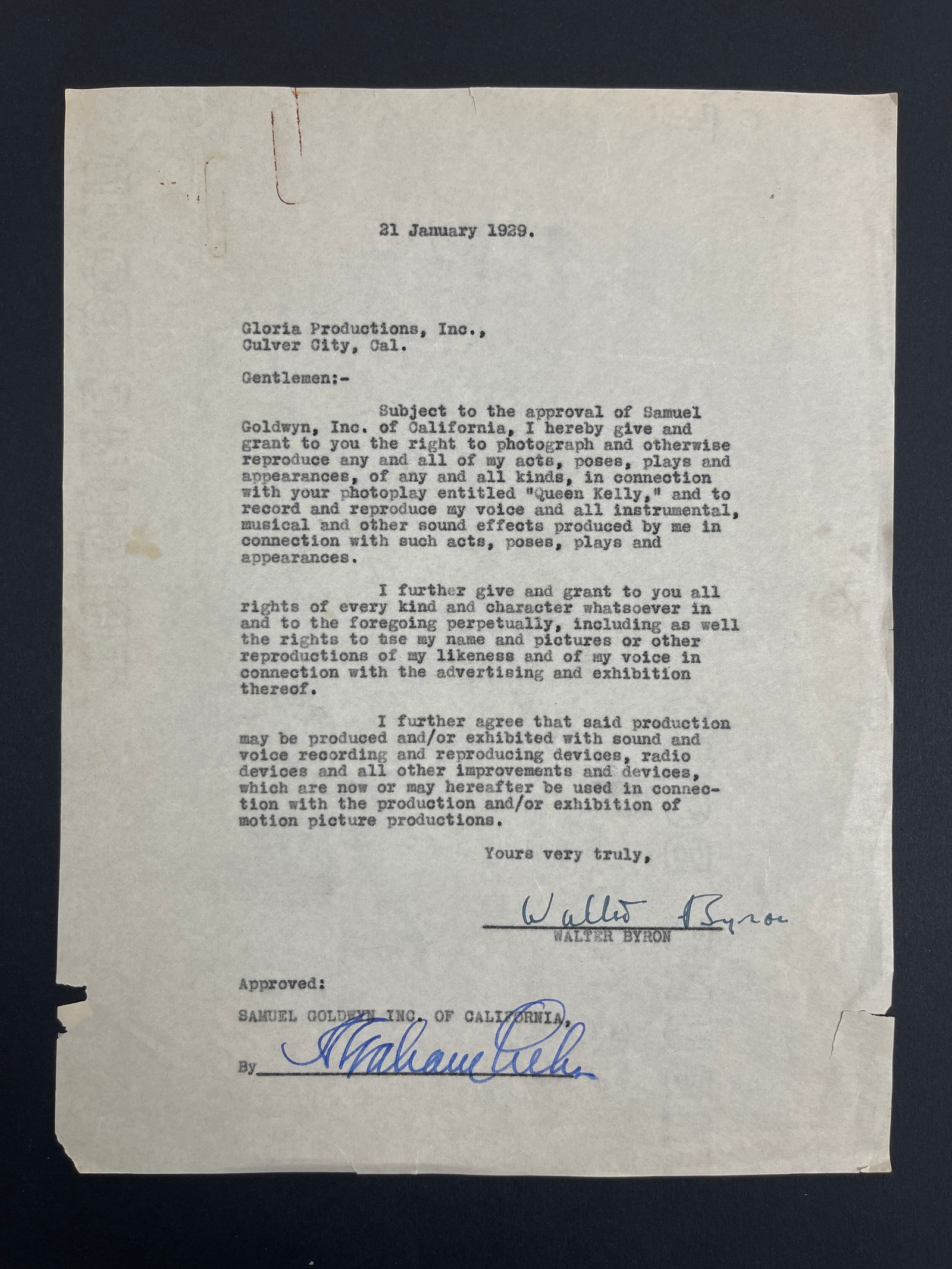 Walter Byron & Samuel Goldwyn Hand Signed Approval Letter (1 of 5)