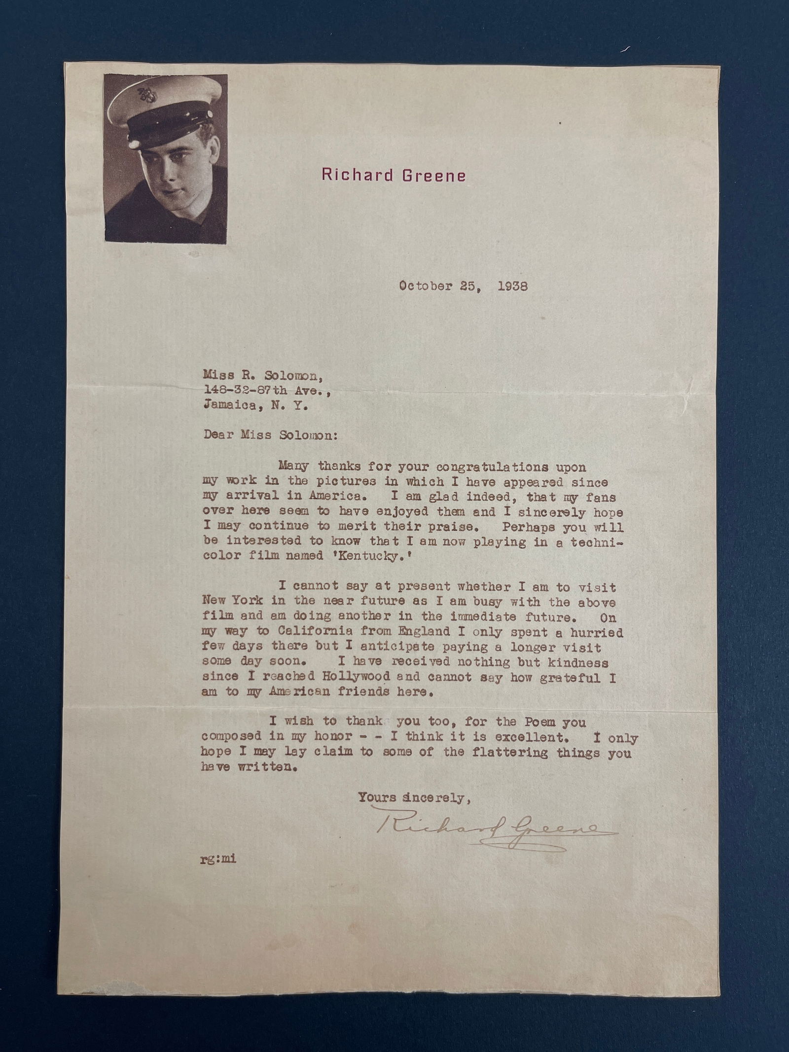 Richard Greene - English Actor 1938 Hand Signed Letter (1 of 5)