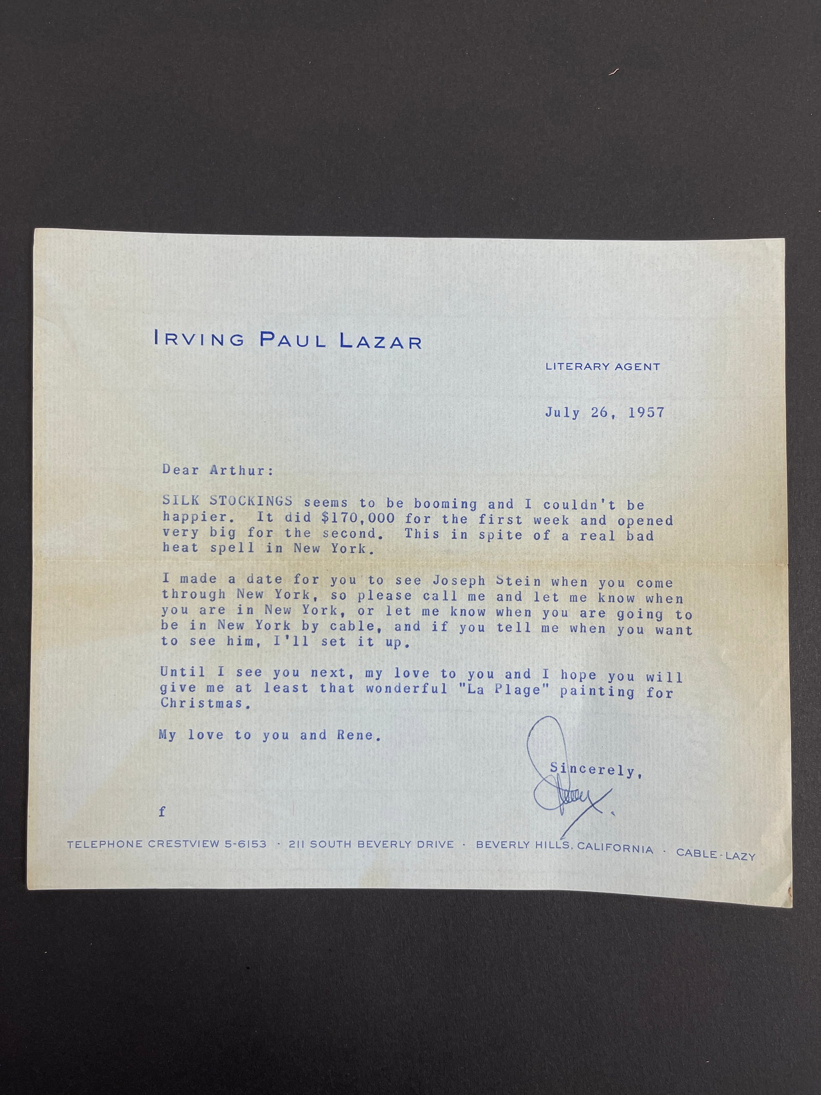Irving Paul Lazar - American Layer and Talent Agent Hand Signed Letter Dated 1937: Irving Paul Lazar - American Layer and Talent Agent Hand Signed Letter Dated 1937. Irving Paul "Swifty" Lazar was an American lawyer, talent agent and dealmaker who represented movie star and authors 