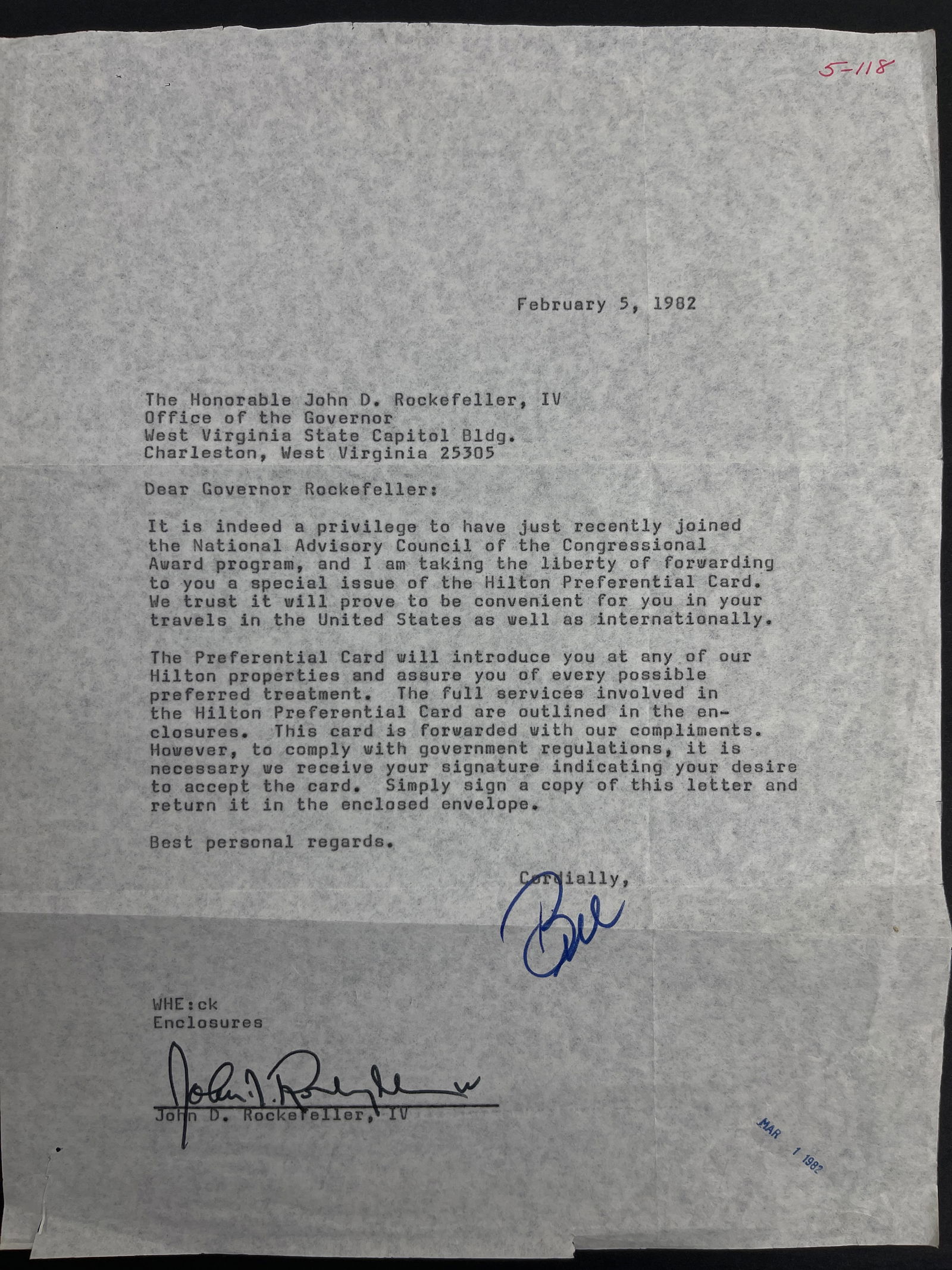 John D. Rockefeller Hand Signed Letter for Hilton Preferential Credit Card (1 of 5)