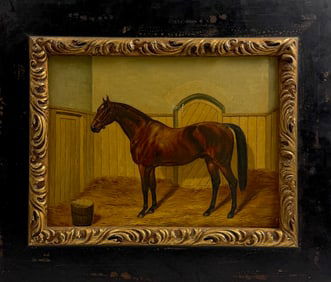 Antique Oil on Canvas Folk Art Horse Painting - Framed