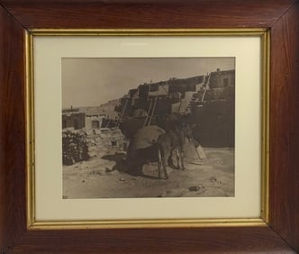 Karl Moon - Street Scene in Village by Acoma Silver Gelatin Photograph - Framed