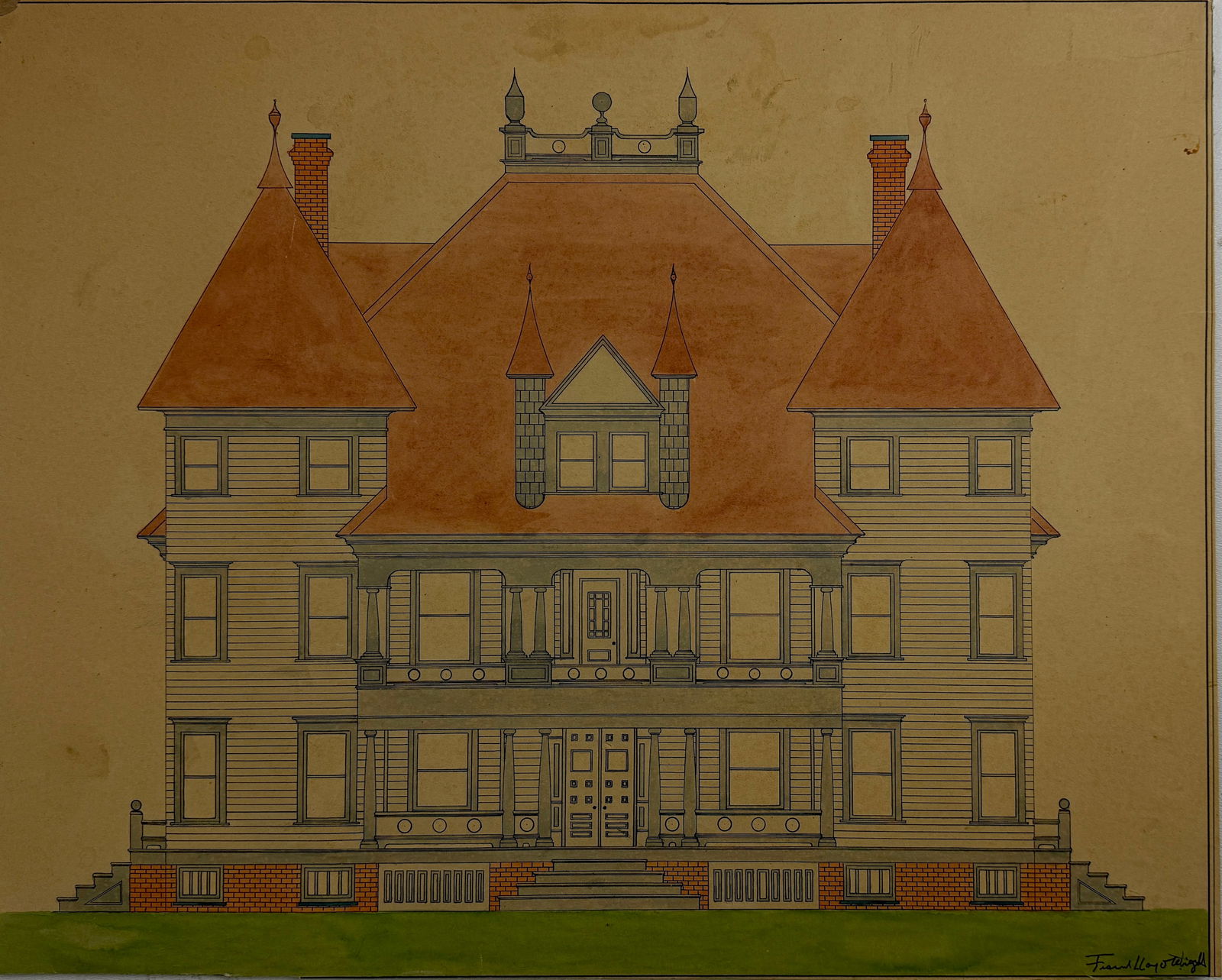 Frank Lloyd Wright (1867-1959) – Signed Drawing of Two and a Half Story Dwelling: A rare and historically significant architectural drawing by the legendary Frank Lloyd Wright, depicting a two-and-a-half-story dwelling in his distinctive organic architectural style. This meticulous