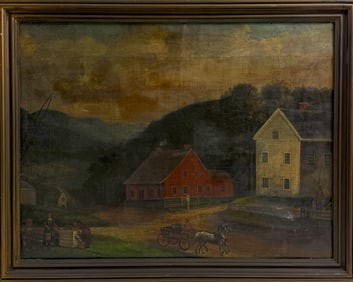 Antique Oil on Canvas Folk Art Horse Farmstead Painting - Framed