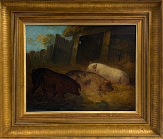 George Morland (1763–1804) "Pigs in a Farmyard" Oil on Canvas