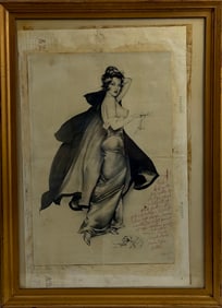 Rare Playboy Magazine Production Art Hand Drawing by Vargas, Signed with Hugh Hefner Note