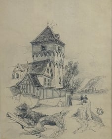 James McNeill Whistler – Pencil Drawing of Tower Home by Lake – Signed with Butterfly Signature