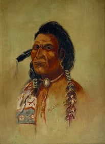 Indian Native American Portrait (Sioux) – Red Horse – Signed Oil on Canvas by M. Cohn, c. 1890