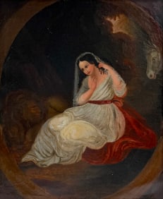 19th Century Antique Oil on Canvas – Woman in Lion’s Den – Framed