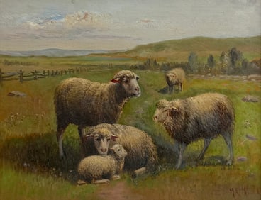 Antique Oil on Board Folk Art Painting of Sheep – Signed (Faded Signature)