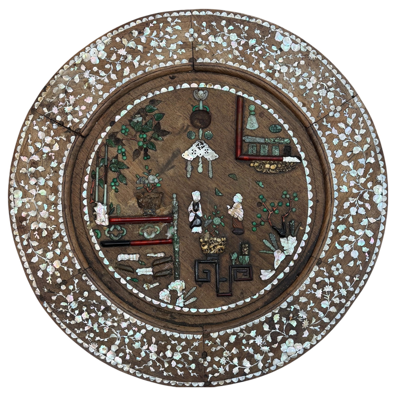 Chinese Antique Carved Jade Amber Mother of Pearl Inlay Round Table Very Rrare (1 of 10)
