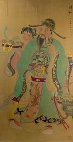 Framed Chinese Silk Painting of Caishen, the God of Wealth
