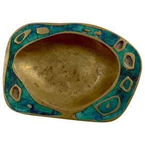 RARE Pepe Mendoza 1950s Brass & Malachite Mid Century Dish Ashtray Made in Mexico
