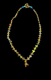 Mosaic Glass Bird Beads Necklace with Gold Bird Pendant, 5th-7th Century, Eastern Mediterranean