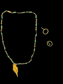 Ancient Roman Necklace with Green Stones & Grape Pendant, 2nd Century AD