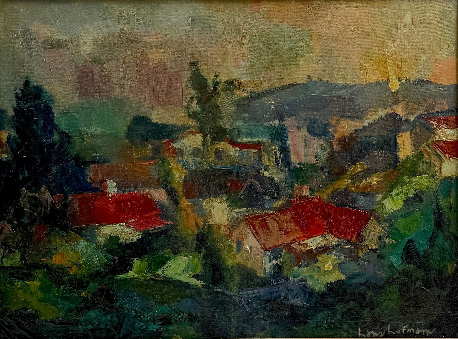 Oil painting on canvas Signed by Hans Hofmann: An oil painting on canvas, measuring with frame 23" x 29", signed Hans Hofmann in the lower right. Hofmann (1880–1966) was a pivotal figure in Abstract Expressionism, known for his dynamic compositi