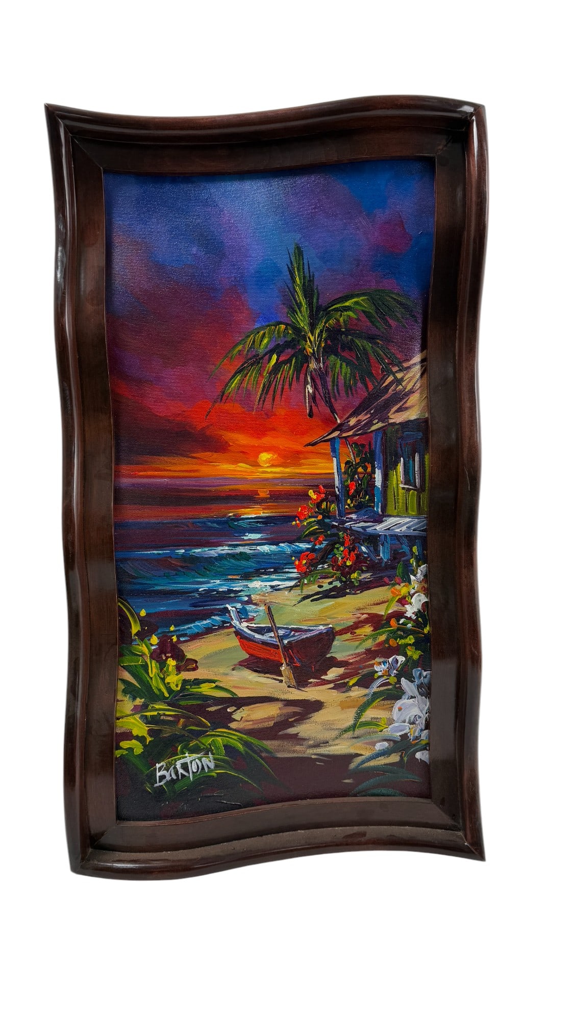 Steve Barton – Paradise in June Signed Oil on Canvas – Wavy Frame & COA (Village Gallery): A vibrant and captivating oil on canvas painting, Paradise in June, by Steve Barton, featuring lush colors and expressive brushwork that evoke a serene and dreamlike atmosphere. This striking artwork