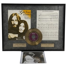 John Lennon Double Signed Doodle Photo & LE Gold Plated Record