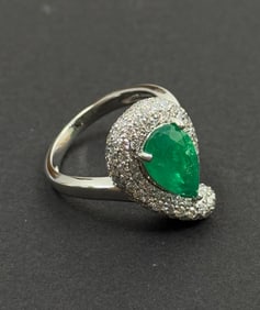 2.27 Carat Natural Pear-Cut Emerald & 1.49ct Diamond Platinum Ring