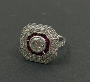 1.51ct Round G-H I1 Diamond & 1ct Ruby Platinum Art Deco Ring