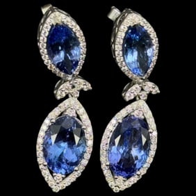 13.86ct Natural Tanzanite (Marquise/Oval) with 1.37ct VS1–VS2 F–G Diamond Earrings – Platinum