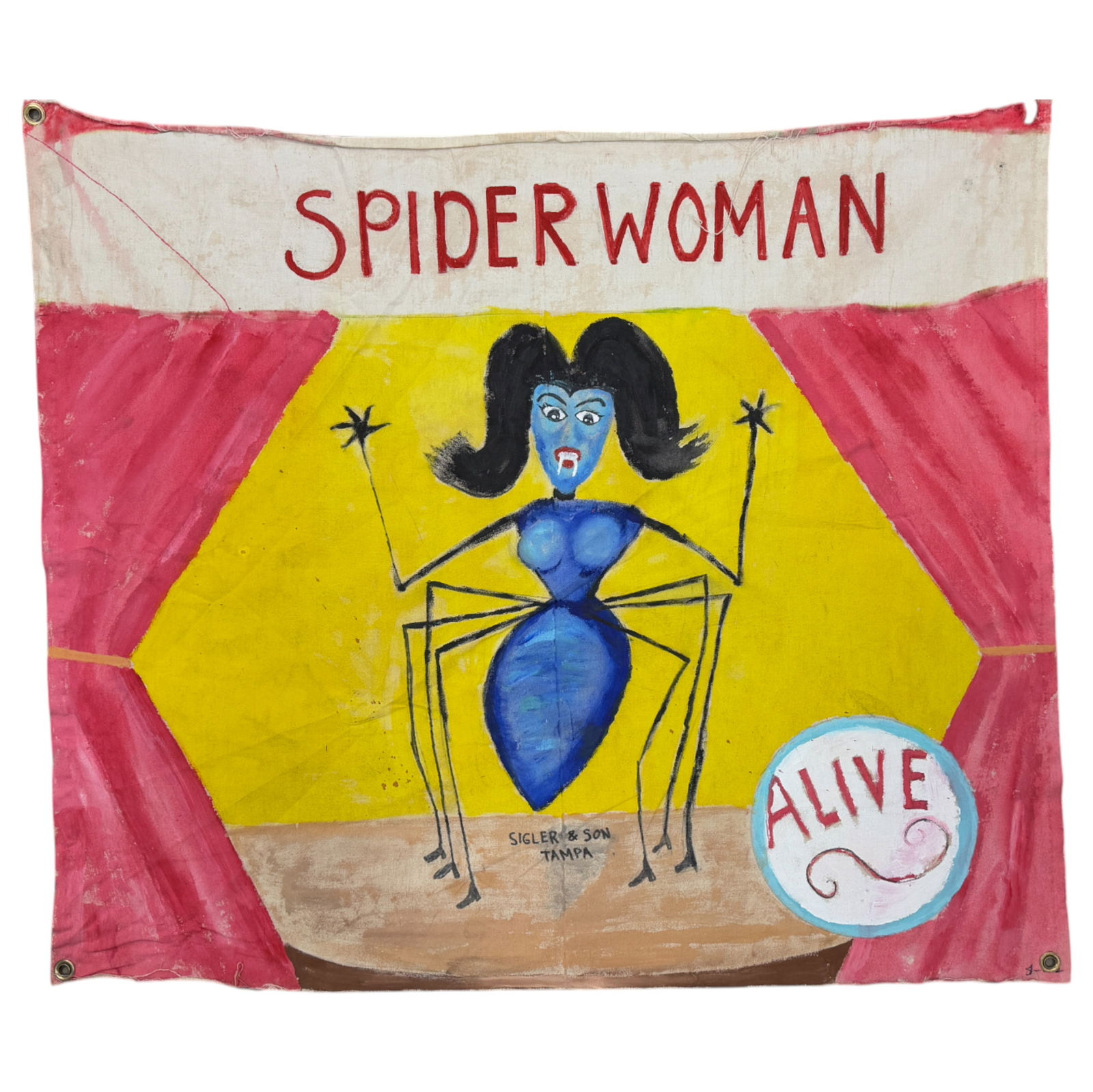 SIDE SHOW BANNER " Spider Woman " Circus Freak Show Signed Sigler & Son Sideshow (1 of 10)