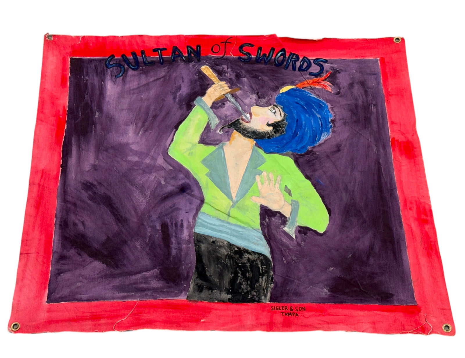 SIDE SHOW BANNER "Sultan of Swords" Circus Freak Signed Sigler & Son Sideshow (1 of 12)
