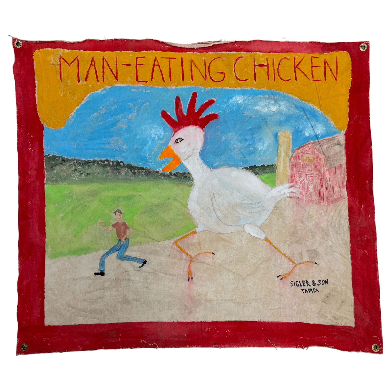 SIDE SHOW BANNER "Man Eating Chicken" Circus Freak Signed Sigler & Son Sideshow (1 of 11)