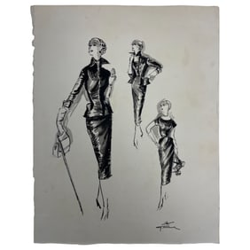 Vintage Costume Fashion Design sketch on Paper signed Rene GRUAU