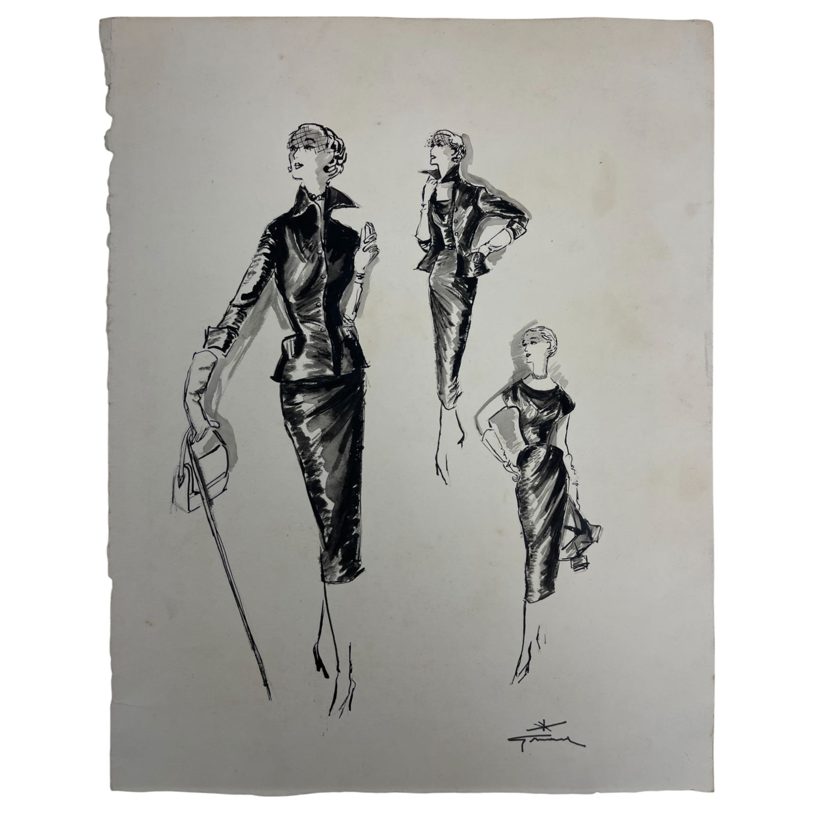 Vintage Costume Fashion Design sketch  on Paper  signed Rene GRUAU (1 of 4)