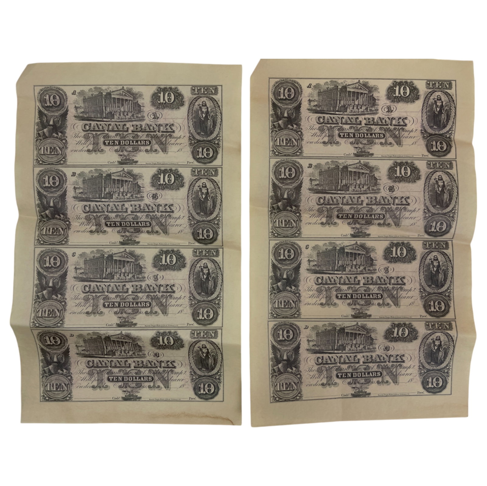1850s $10 Uncut Sheets of Canal Bank, New Orleans Uncirculated Money: 1850s $10 Uncut Sheets of Canal Bank, New Orleans Uncirculated Money