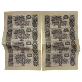 1850s $10 Uncut Sheets of Canal Bank, New Orleans Uncirculated Money