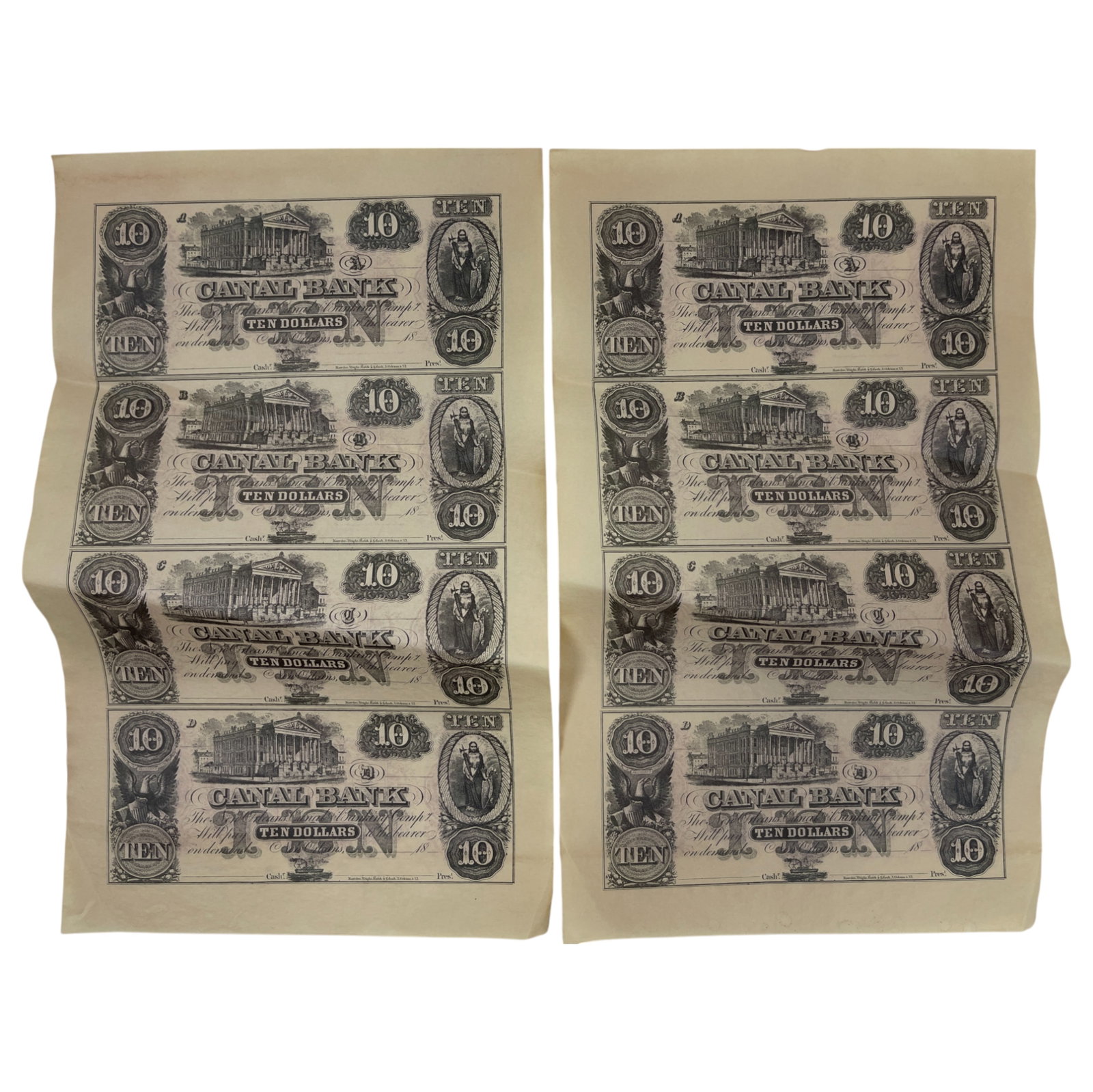 1850s $10 Uncut Sheets of Canal Bank, New Orleans Uncirculated Money: 1850s $10 Uncut Sheets of Canal Bank, New Orleans Uncirculated Money