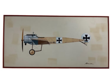 Original John Amendola Aurora Products Fokker EIII Model Plane Hand Drawn Illustration Art Signed