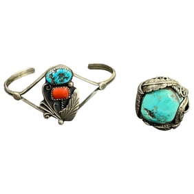 Vintage Native American Indian Navajo Sterling Silver Tuquoise Bracelet and Ring