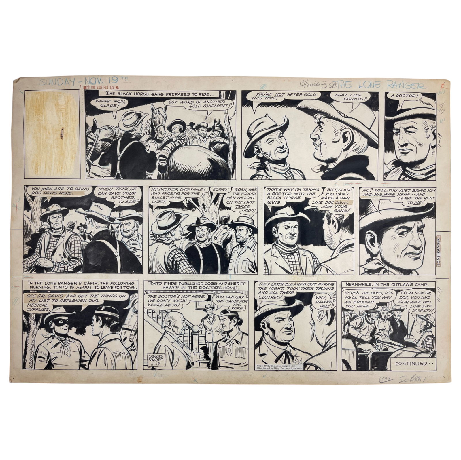 Charles Flanders - The Lone Ranger Original Comic Strip Art Dated November 19 (1 of 5)