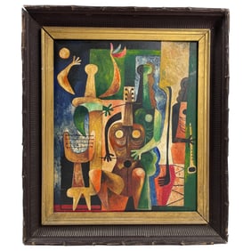 Mario Carreno (Cuban, 1913-1999) Signed & Dated Oil on Board "Musicians" with Note